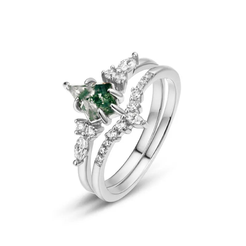 'Sense Of Tranquillity' 2-Piece Natural Moss Agate Ring | Sterling Siver