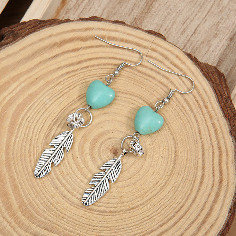 Vintage Heart Turquoise Feather Earrings