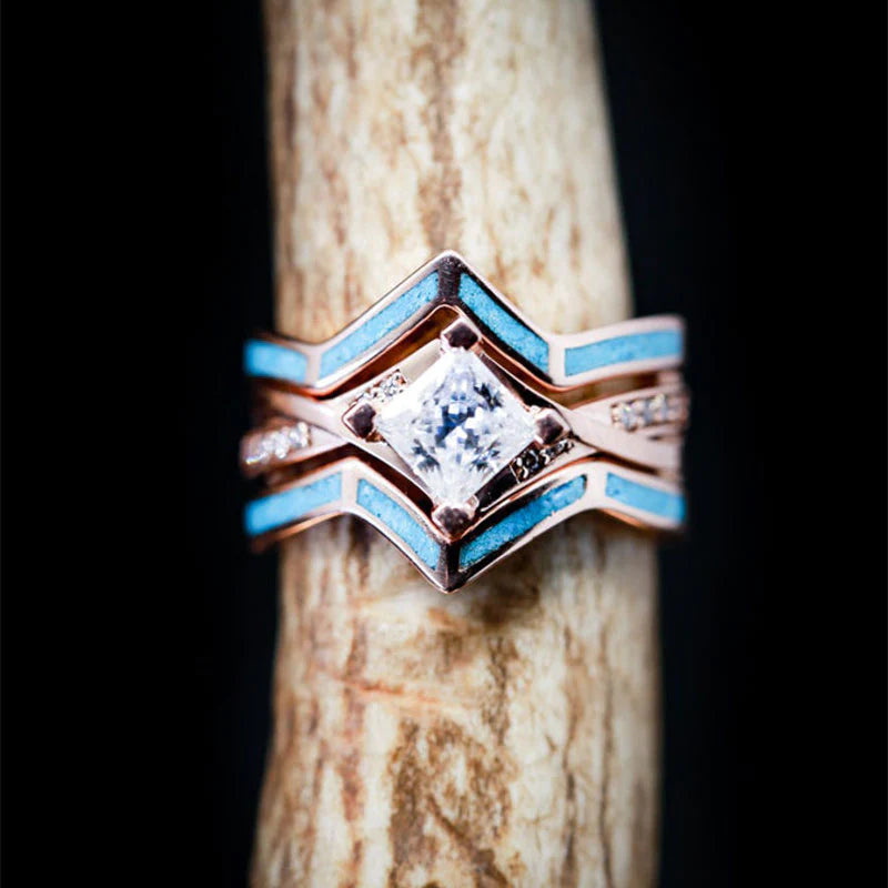 "Rubi" - Princess Moissanite 3-Piece Turquoise Ring
