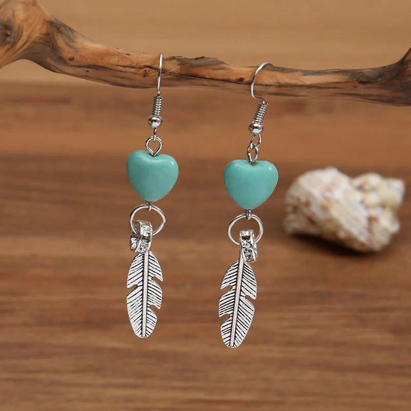 Vintage Heart Turquoise Feather Earrings