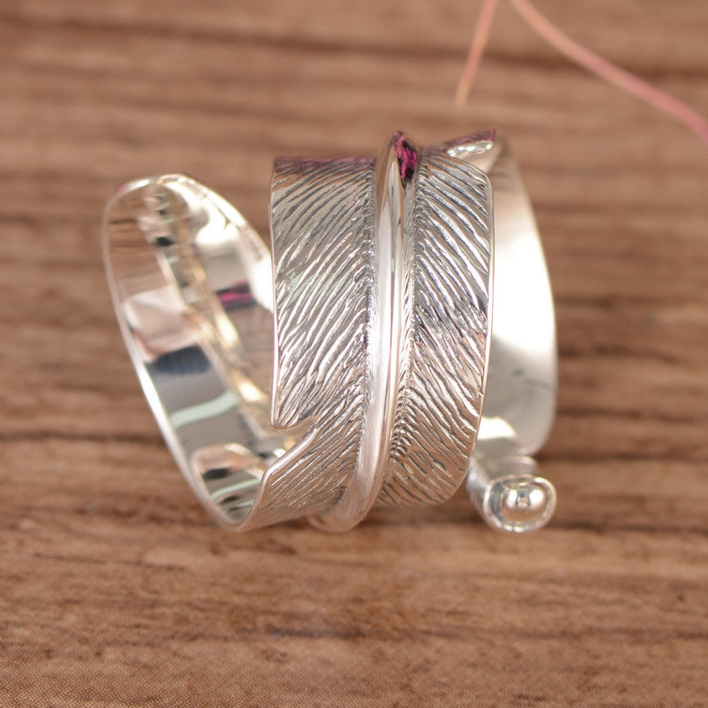 S925 Sterling Silver Agate Feather Ring